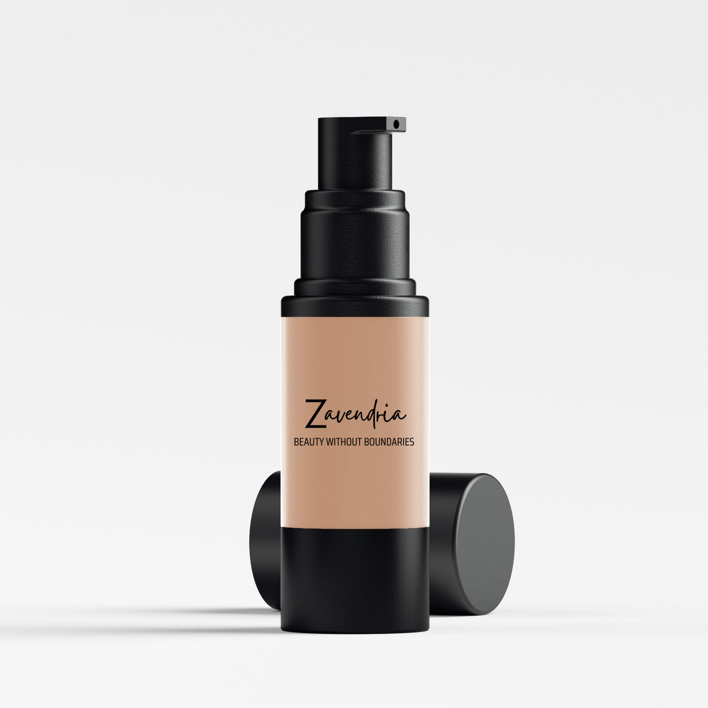Zavendria bottle of Tan Tint Light-Weight BB Cream with black cap and beige body on a light gray background