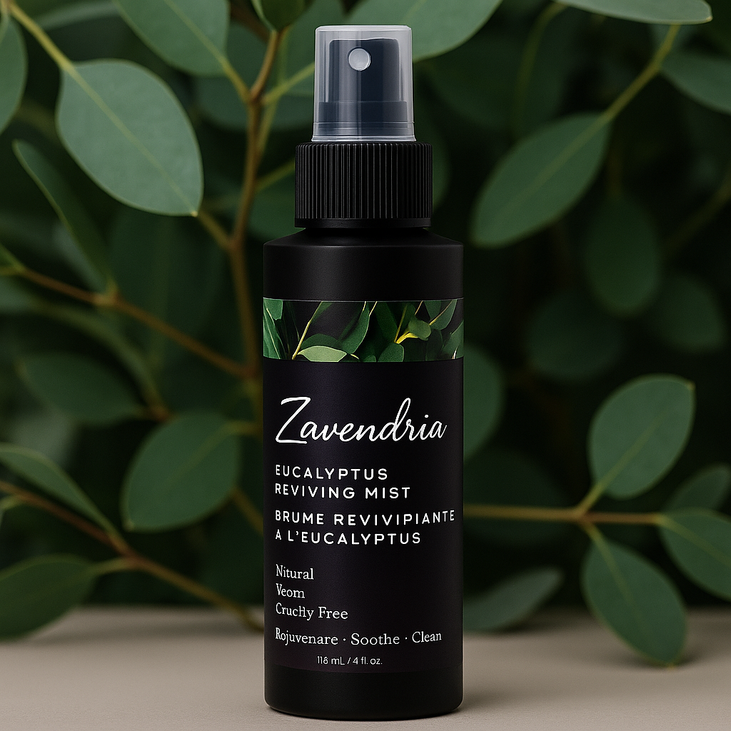 Zavendria Eucalyptus Reviving Mist bottle with green leaf design on a dark background