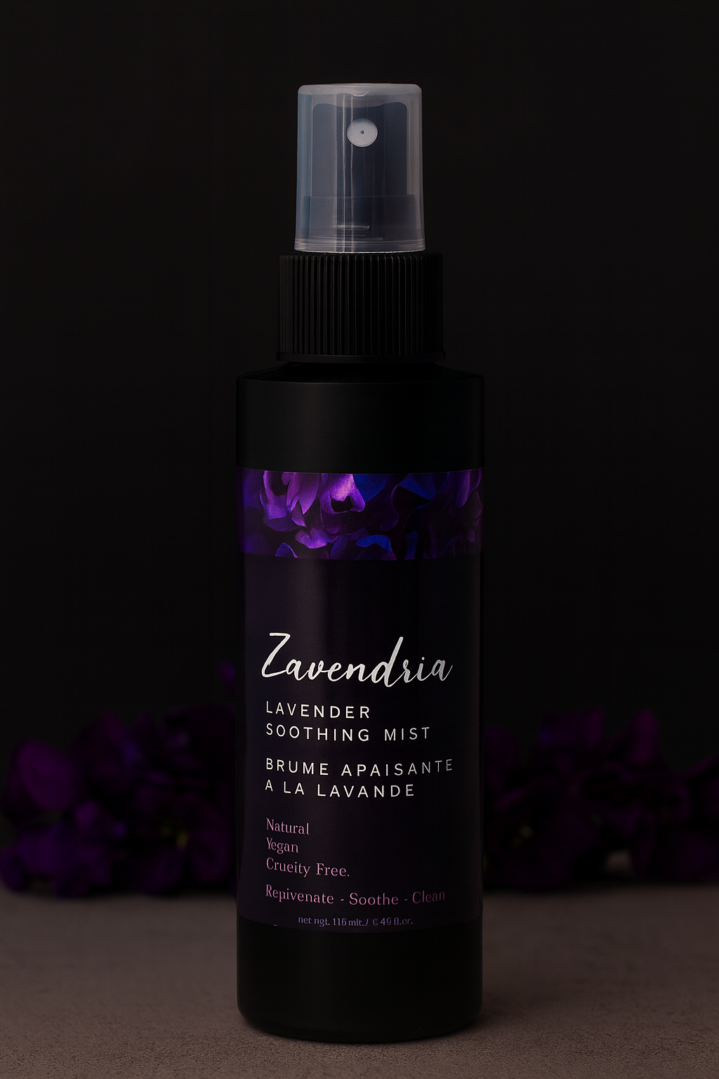 Zavendria lavender soothing mist bottle with a dark background