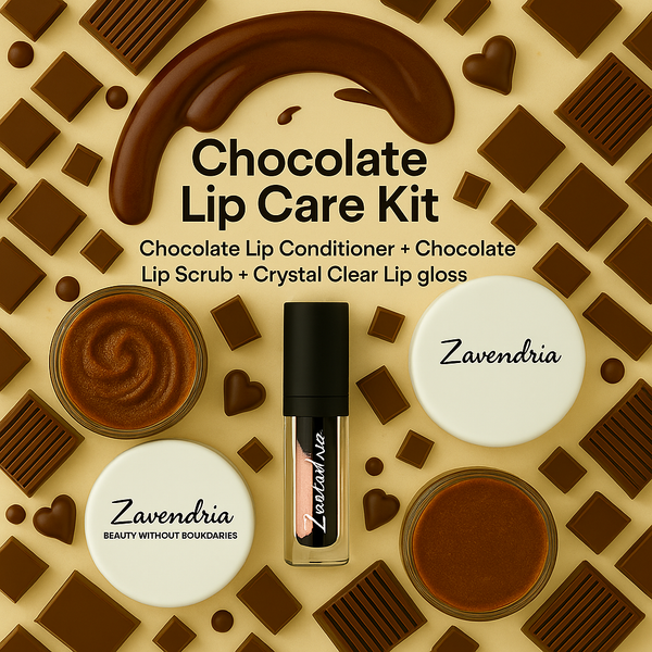Chocolate lip care kit with lip conditioner, scrub, and gloss on a chocolate-themed background.