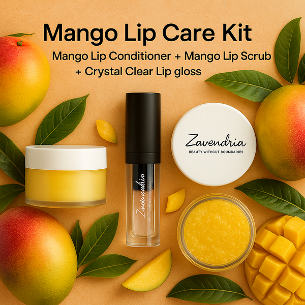 Zavendria Mango Lip Care Kit featuring mango lip conditioner, mango lip scrub, and crystal clear lip gloss arranged with fresh mango and leaves on a warm background