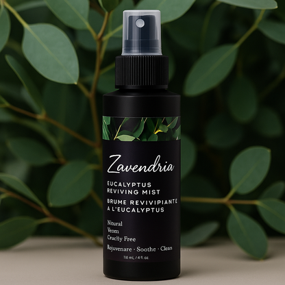 Zavendria Eucalyptus Reviving Mist bottle with green leaf design on a dark background