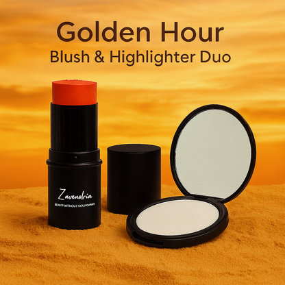 “Golden Hour Blush & Highlighter Duo ad showing an orange cream blush stick and a round highlighter compact on warm golden sand with a sunset sky background, overlaid text reading ‘Golden Hour Blush & Highlighter Duo – 