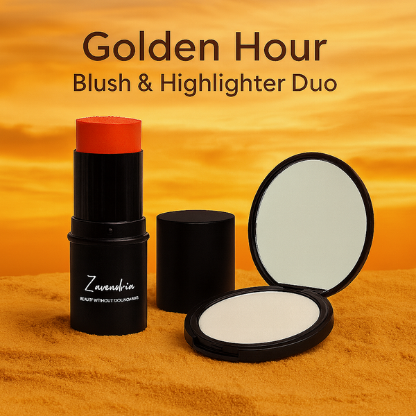 “Golden Hour Blush & Highlighter Duo ad showing an orange cream blush stick and a round highlighter compact on warm golden sand with a sunset sky background, overlaid text reading ‘Golden Hour Blush & Highlighter Duo – 