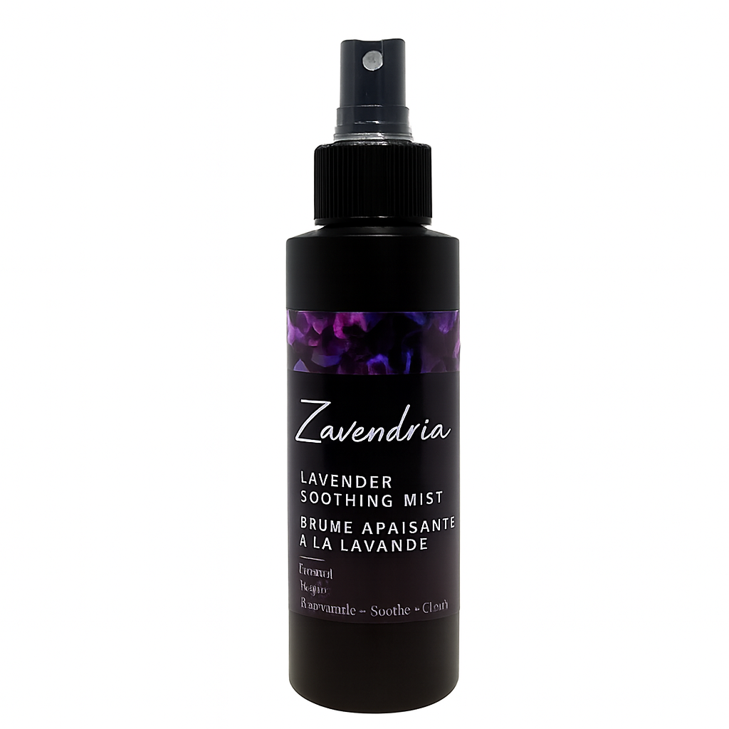 Zavendria lavender soothing mist bottle on a white background