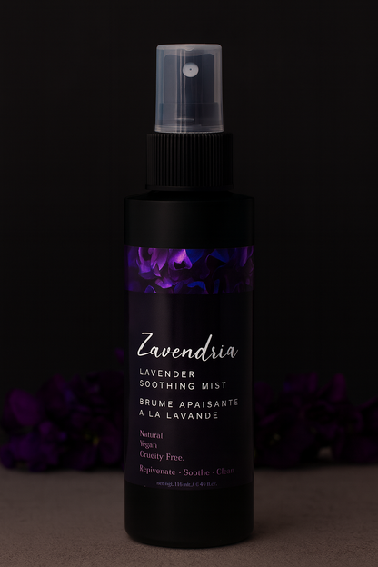 Zavendria lavender soothing mist bottle with a dark background