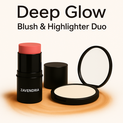 Zavendria blush and highlighter duo with 'Deep Glow' text on a beige background