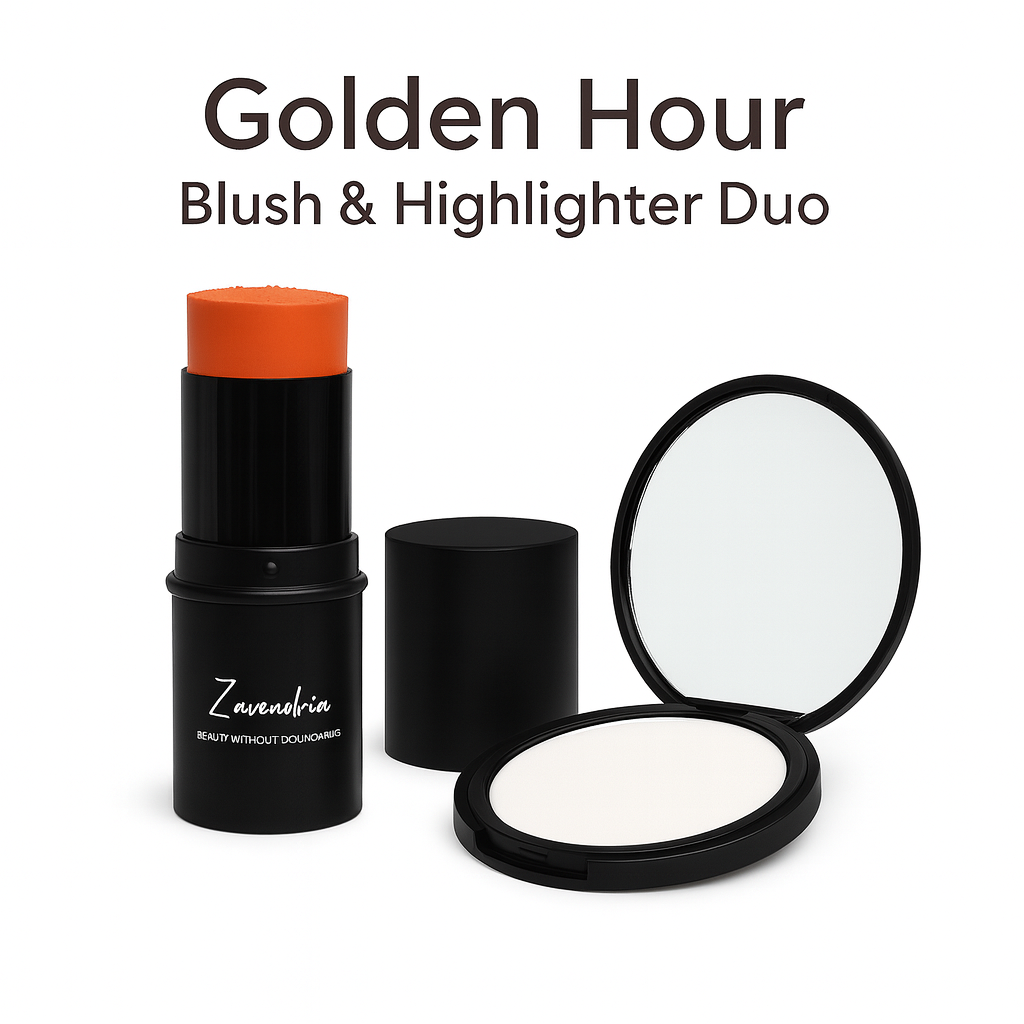 Zavendria Golden Hour Blush & Highlighter Duo with warm peach beach walk blush stick and Sun Kiss (Highlighter Cream) compact displayed on a clean white background.