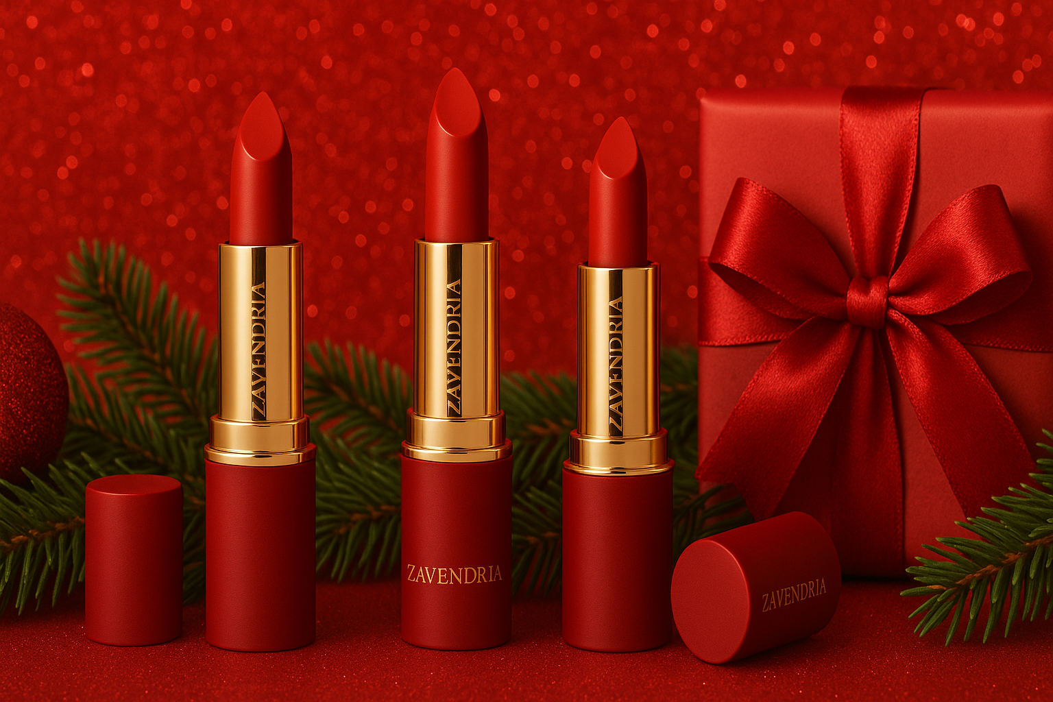 Zavendria holiday red lipstick trio with gift box and pine branches on a red glitter background