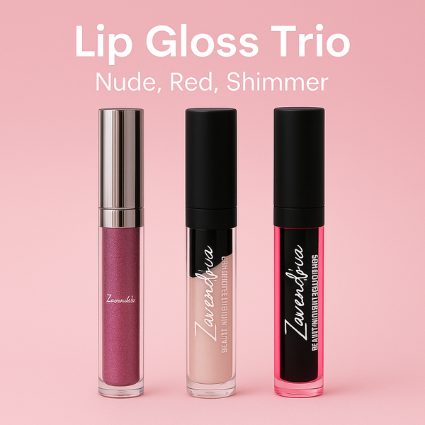 Zavendria Lip Gloss Trio – nude, red and shimmer lip glosses on a pink background with the text “Lip Gloss Trio – Nude, Red, Shimmer”.