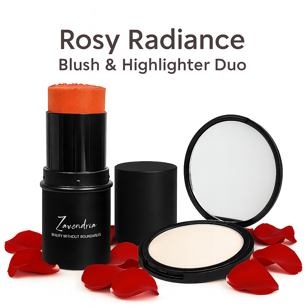 Rosy Radiance Blush & Highlighter Duo with Zavendria branding on a white background.