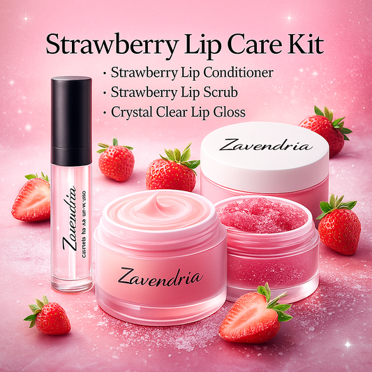 Zavendria strawberry lip care kit with lip conditioner, scrub, and gloss on a pink background with strawberries.