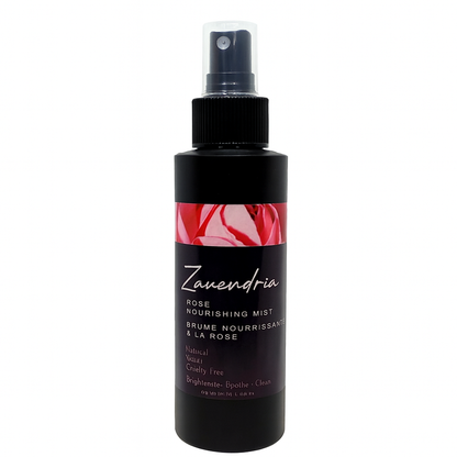 Zavendria rose nourishing mist bottle with black label and red rose design on a white background